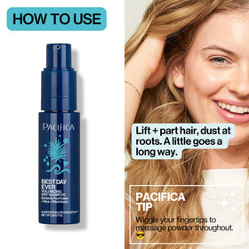Side-by-side Pacifica dry shampoo before and after on roots demonstrating reduced oil and lifted hair