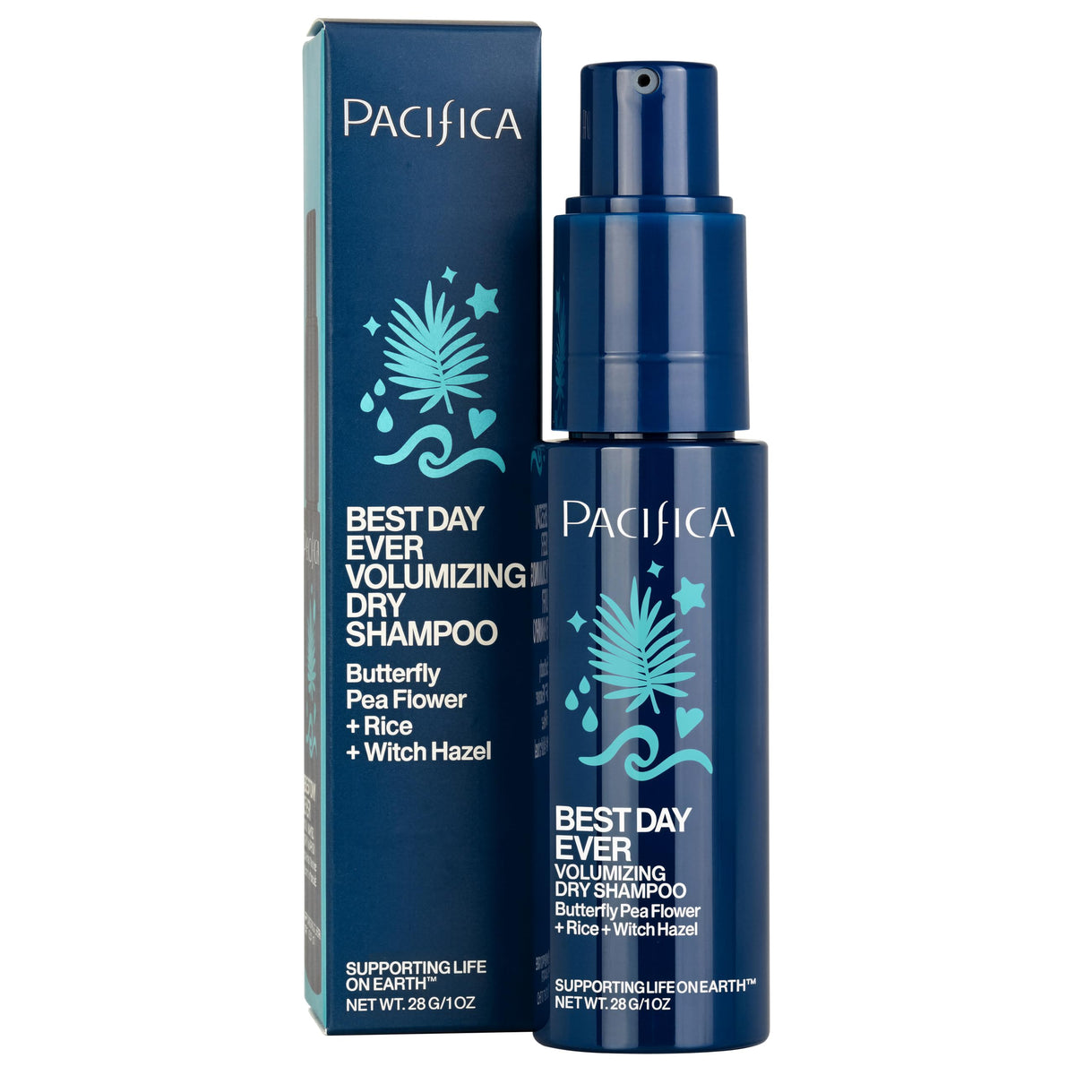 Pacifica front packaging of dry shampoo showing clean label and travel-ready design for quick refresh