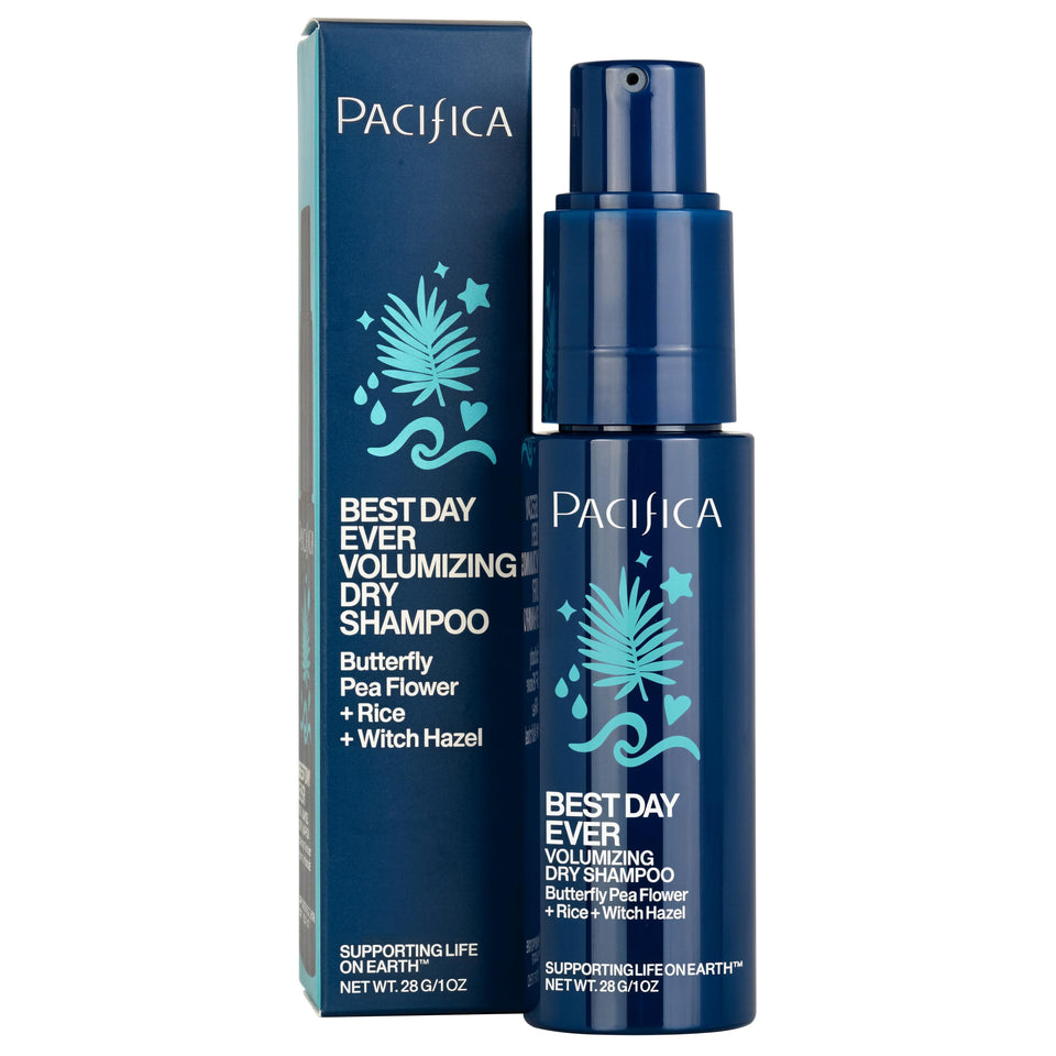 Pacifica front packaging of dry shampoo showing clean label and travel-ready design for quick refresh