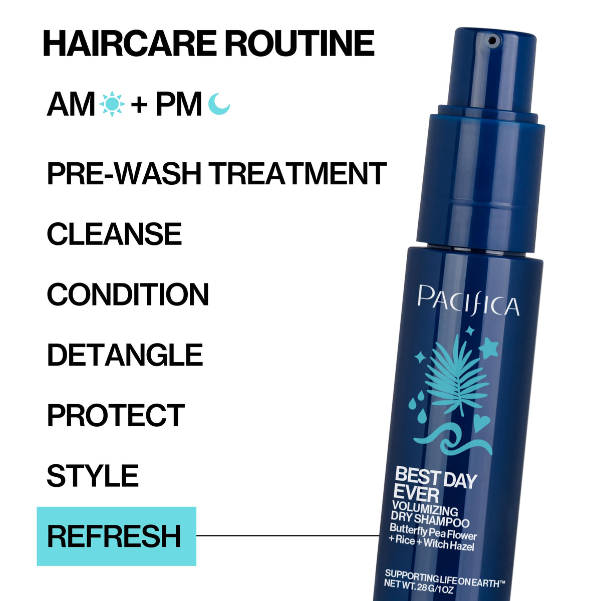 Lifestyle shot of Pacifica dry shampoo on bathroom counter ready for morning or travel touch-ups