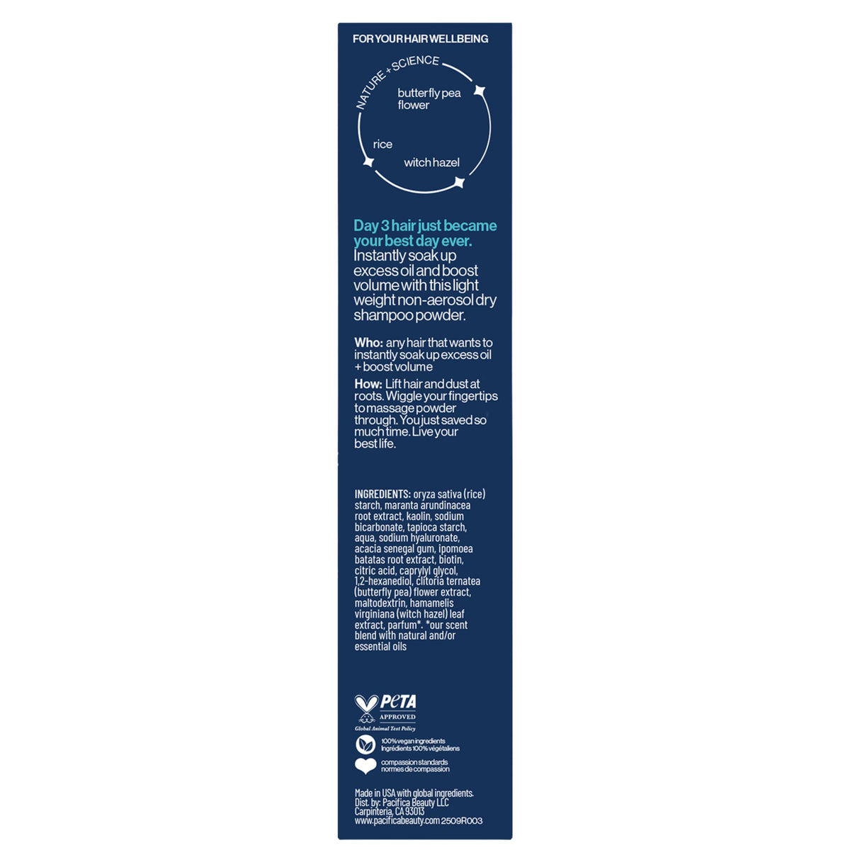Butterfly pea flower with Pacifica product indicating the light fragrance and pleasant scent profile