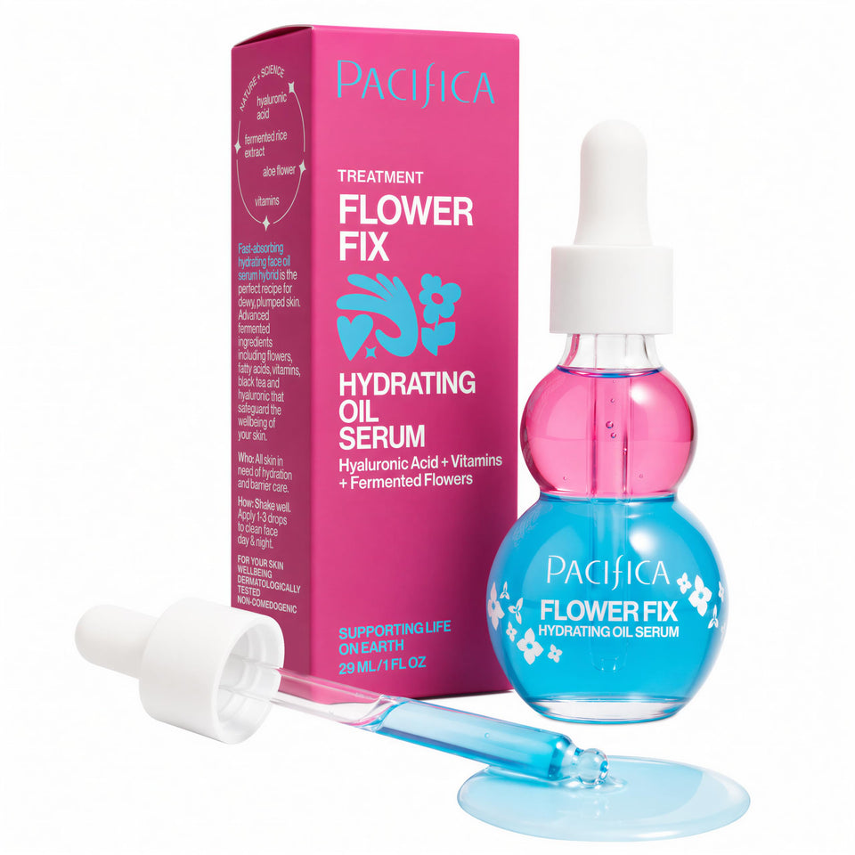 Pacifica Flower Fix front packaging showing label and bottle, highlighting clean vegan formula