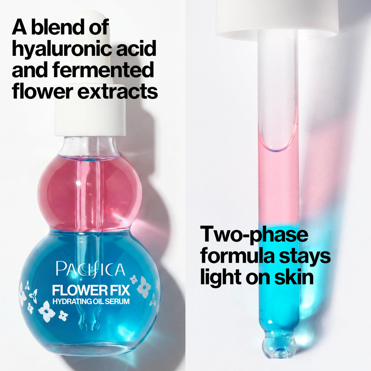 Pacifica Flower Fix serum drops on fingertip showing lightweight texture and easy absorption