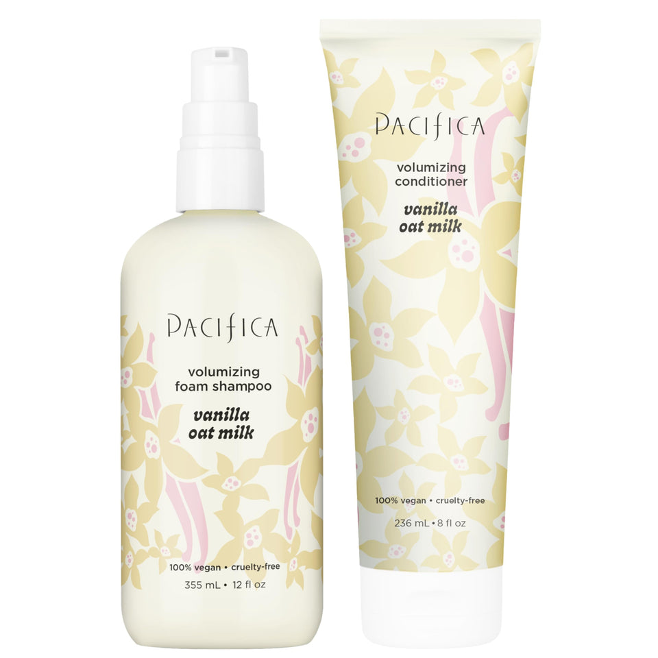 Pacifica front packaging showing volumizing shampoo and conditioner and inviting results