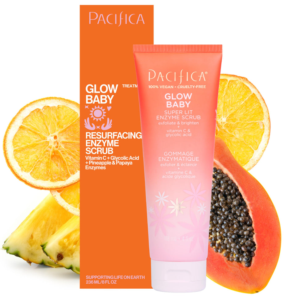 Pacifica Glow Baby front bottle showing clean packaging and brightening benefit
