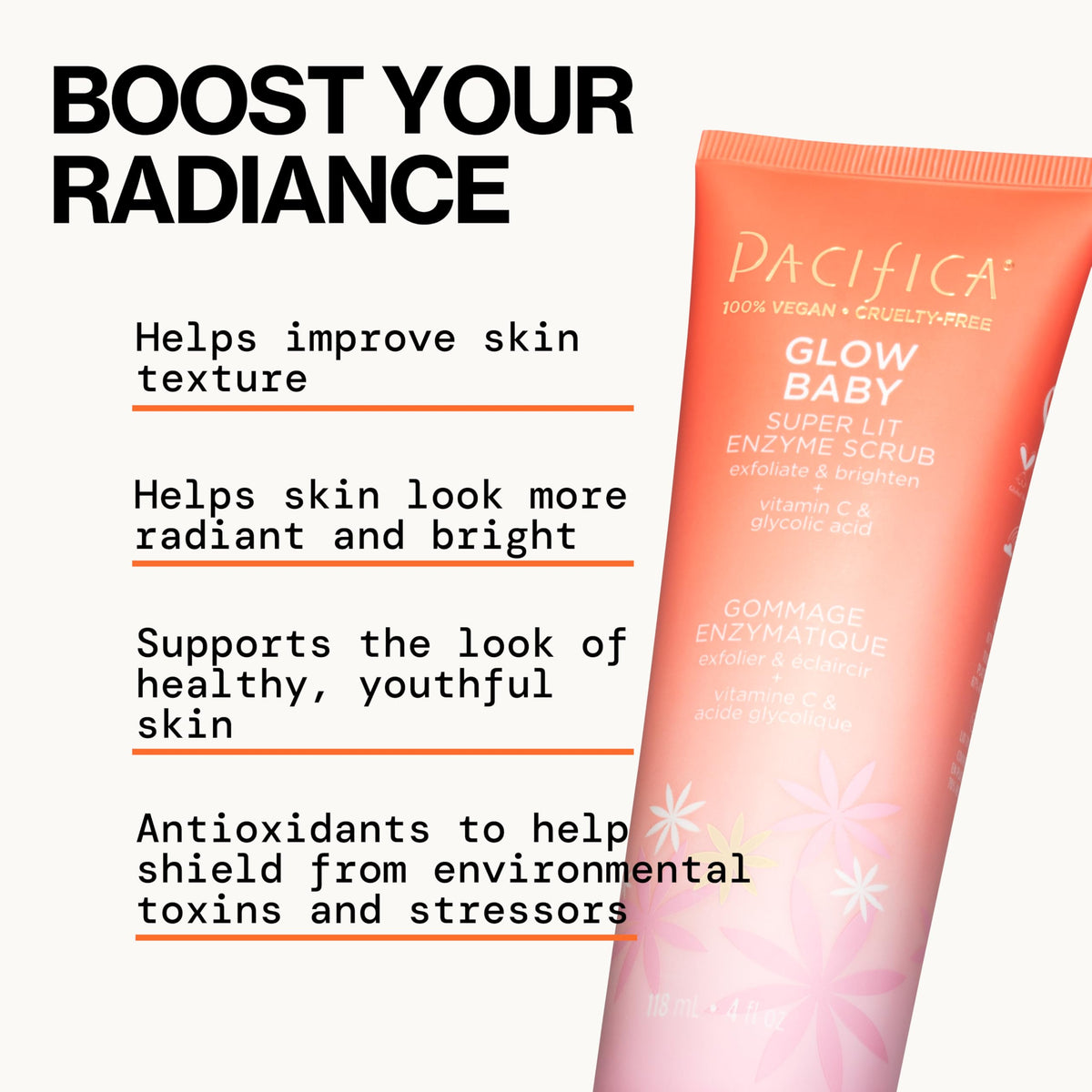 Pacifica Glow Baby ingredient label view showing Vitamin C, glycolic acid, and vegan formulation benefits