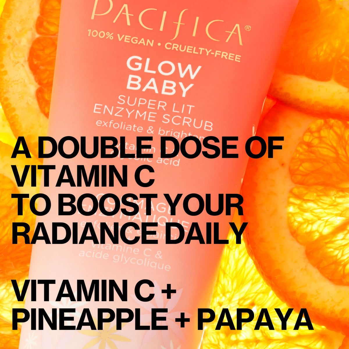 Pacifica Glow Baby open cap and foamy lather demonstrating easy application and cleanse