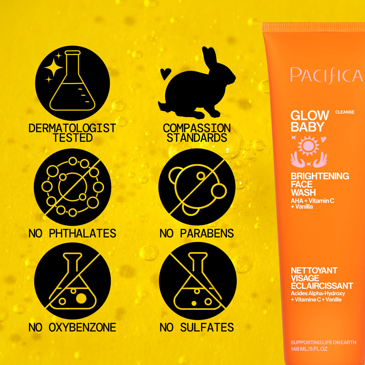 Pacifica Glow Baby scrub texture close-up highlighting fruit enzymes and gentle exfoliation