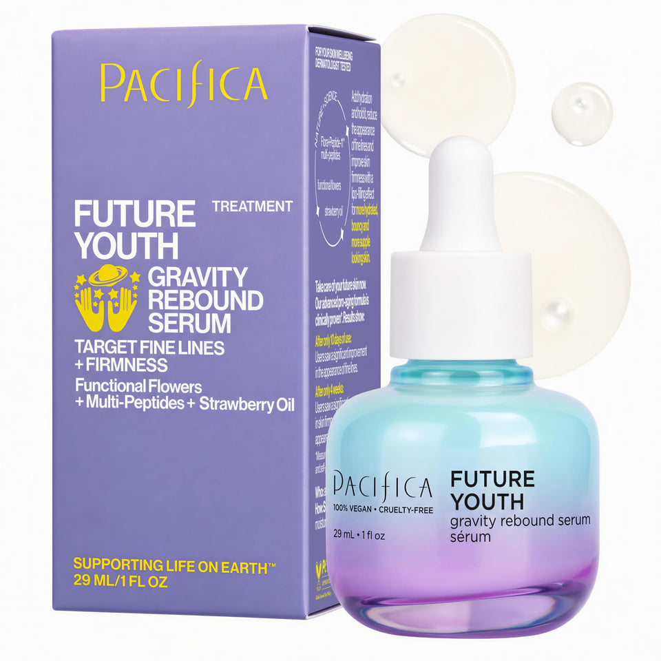 Pacifica bottle front view showing Gravity Rebound serum and firming promise