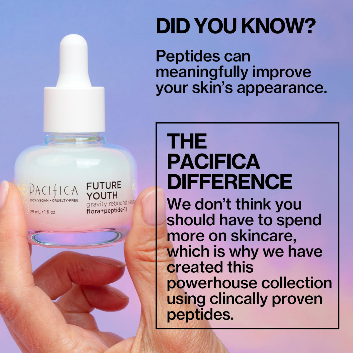 Pacifica ingredients spread featuring peptides and botanicals for skin support