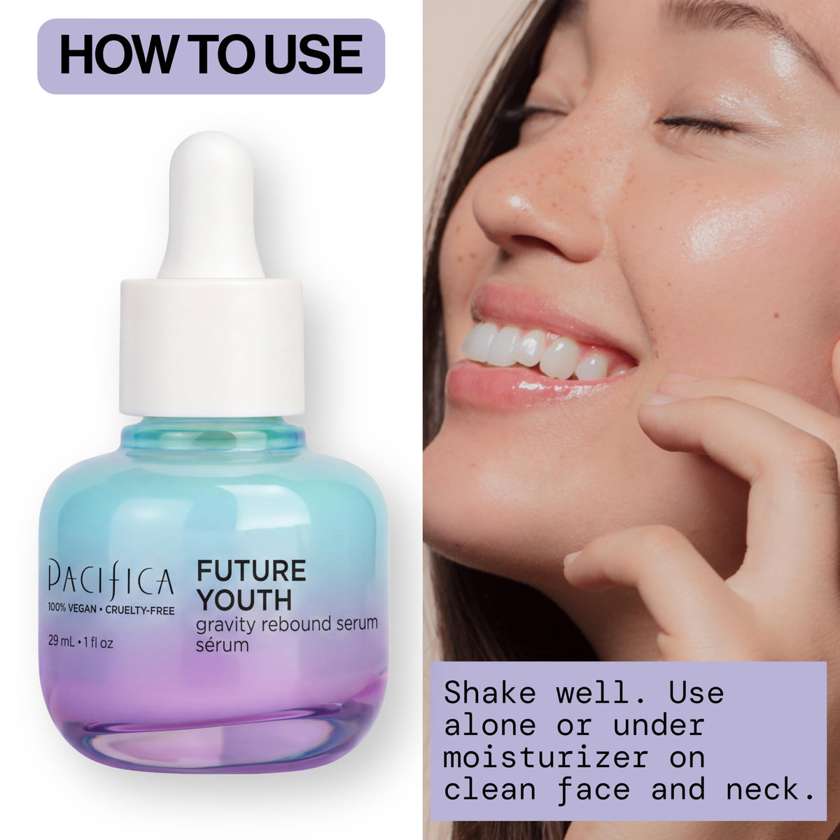 Pacifica model applying serum to neck and jawline to target sagging areas
