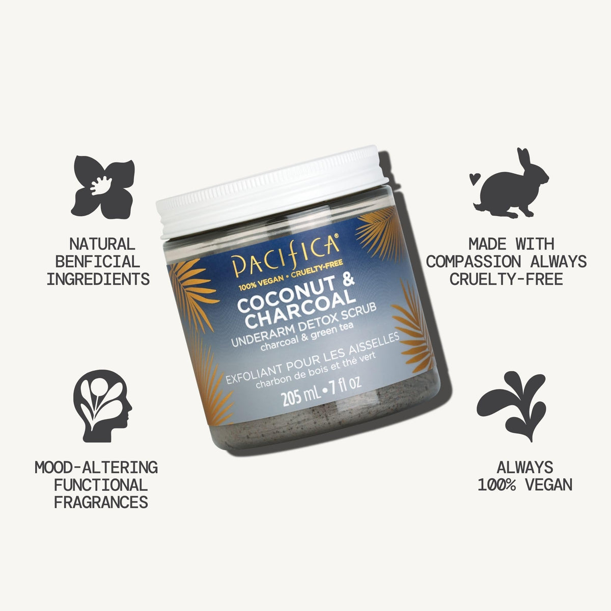Pacifica label and claims closeup highlighting vegan and aluminum-free benefits