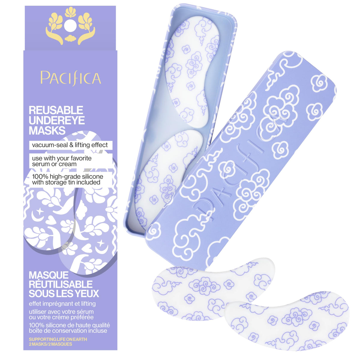 Pacifica two masks stored in included tin for tidy travel and hygiene benefit