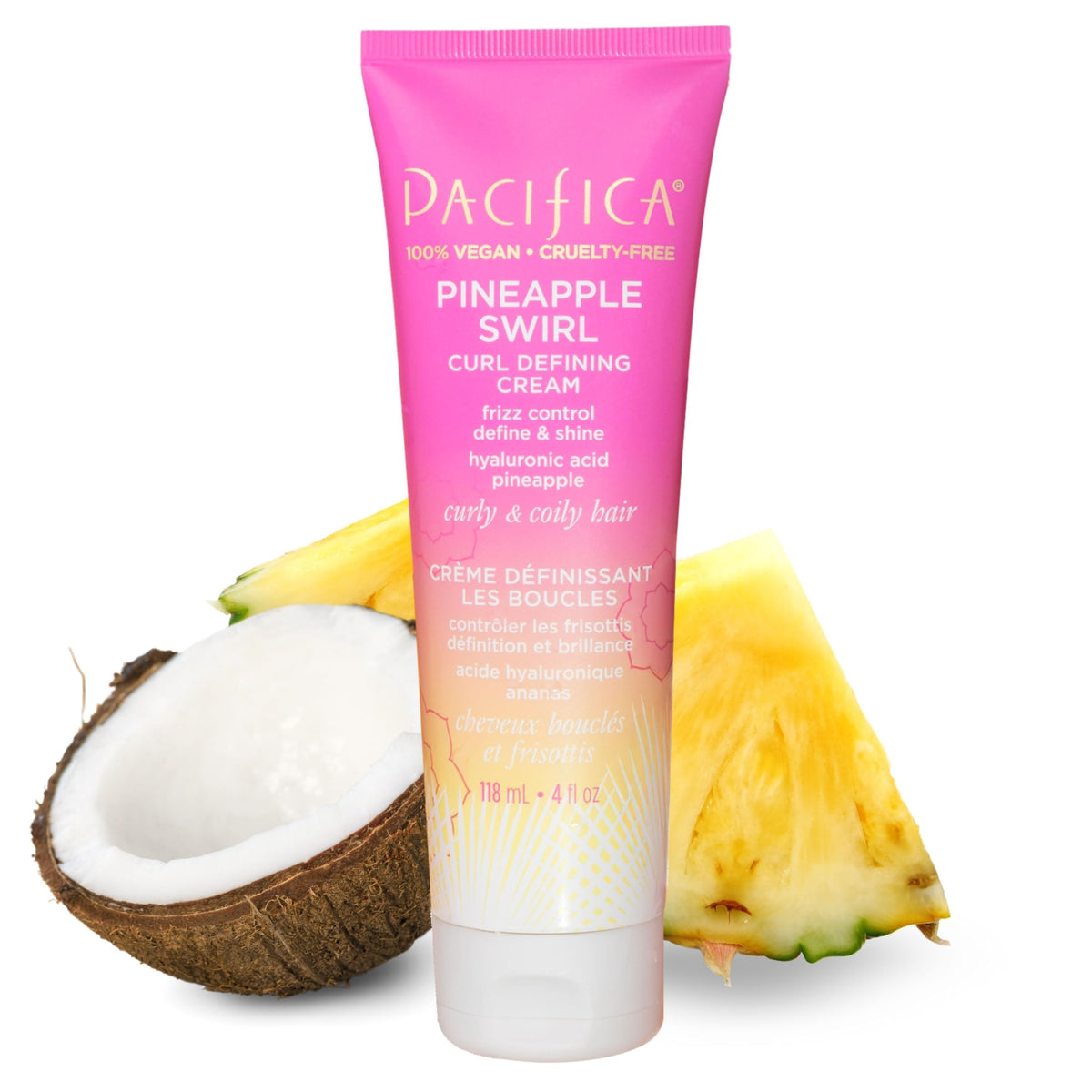 Pacifica lifestyle model with defined curly hair showcasing frizz control and shine