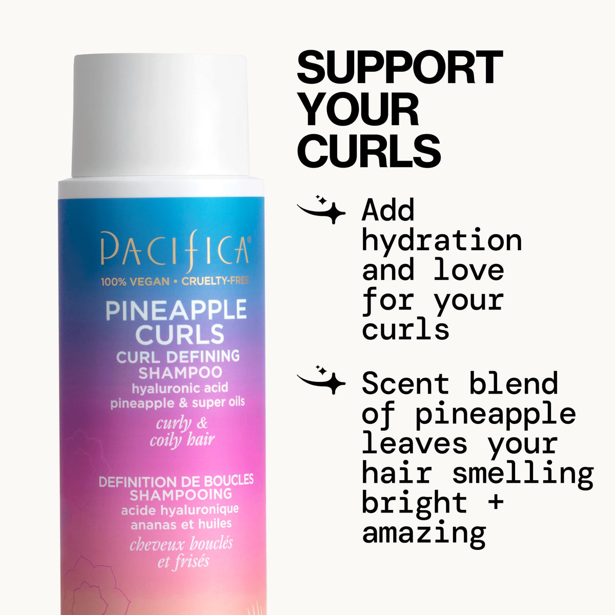 Pacifica Pineapple Curls shampoo texture on palm demonstrating gentle lather