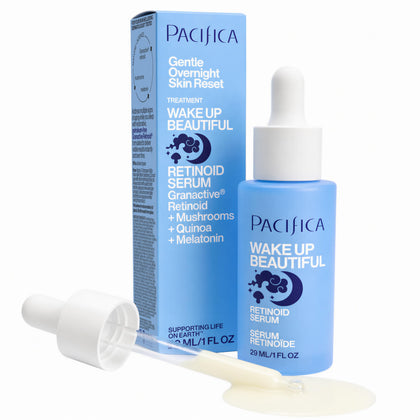Pacifica bottle front view showing Wake Up Beautiful retinoid serum benefits