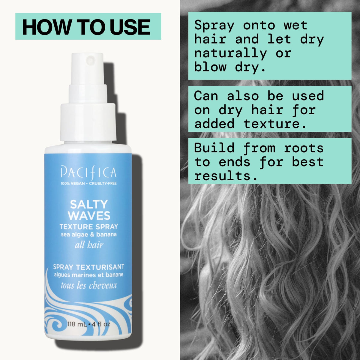 Pacifica Salty Waves bottle next to a hand to show compact, travel-friendly size