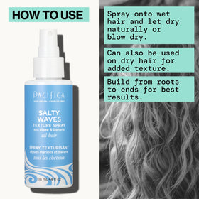Pacifica Salty Waves bottle next to a hand to show compact, travel-friendly size