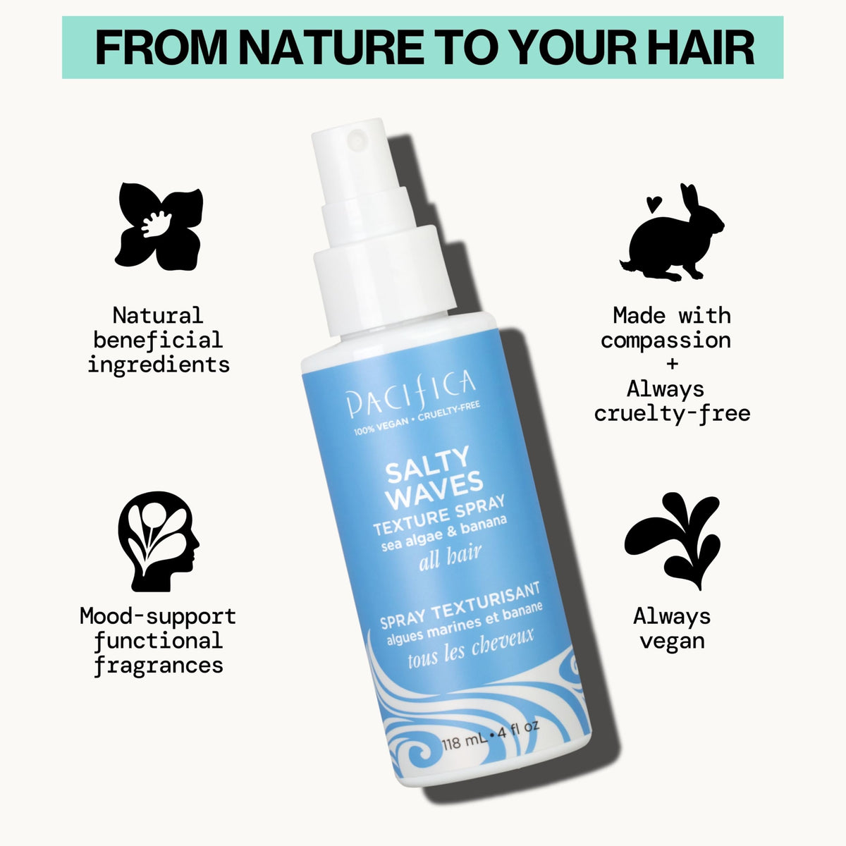 Close-up of Pacifica Salty Waves on hair showing matte, touchable texture