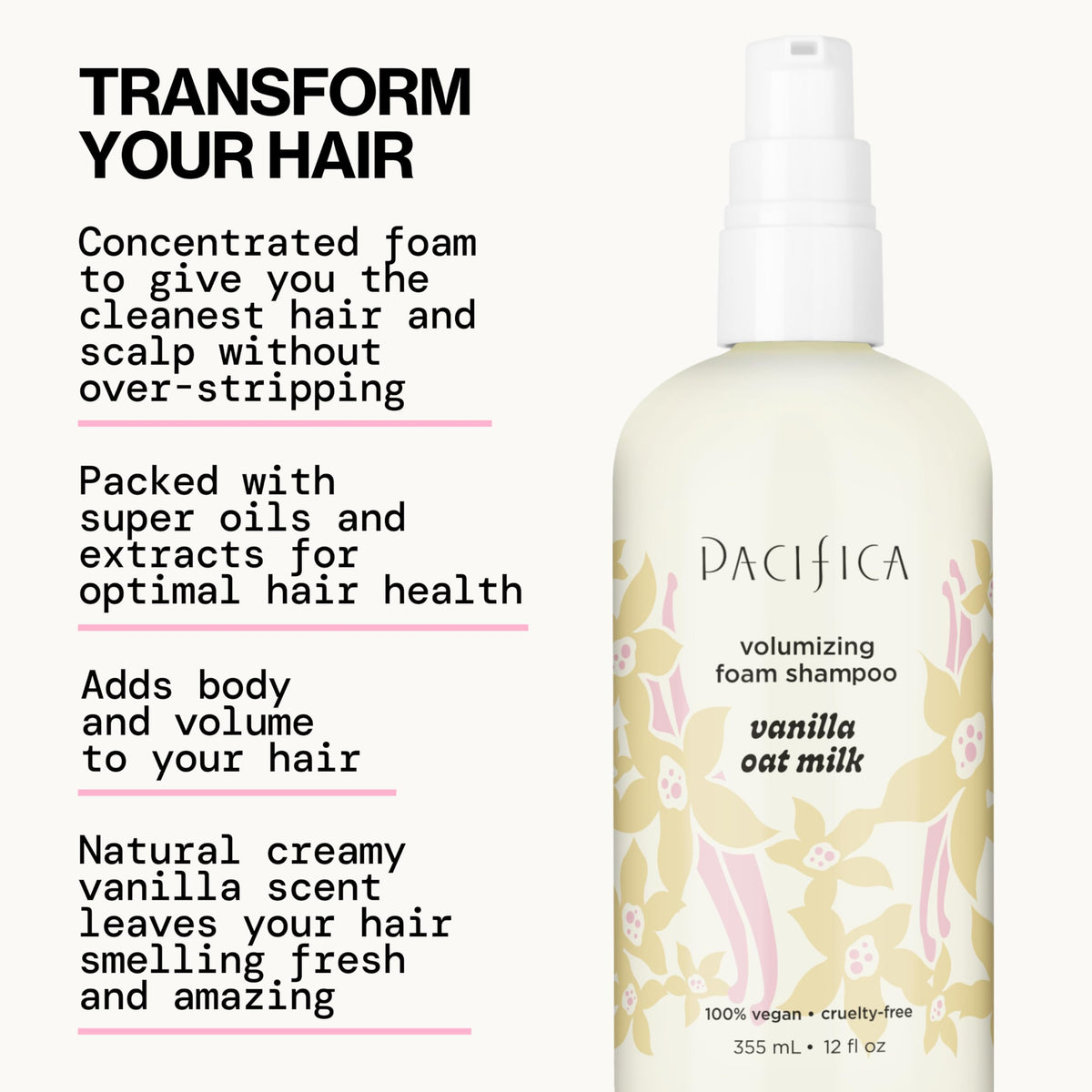 Pacifica shampoo pump with vanilla label highlighting gentle, sulfate-free cleansing