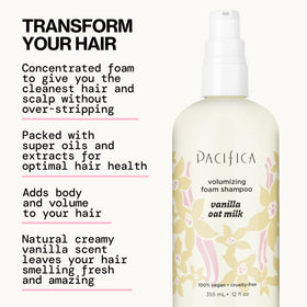 Pacifica shampoo pump with vanilla label highlighting gentle, sulfate-free cleansing
