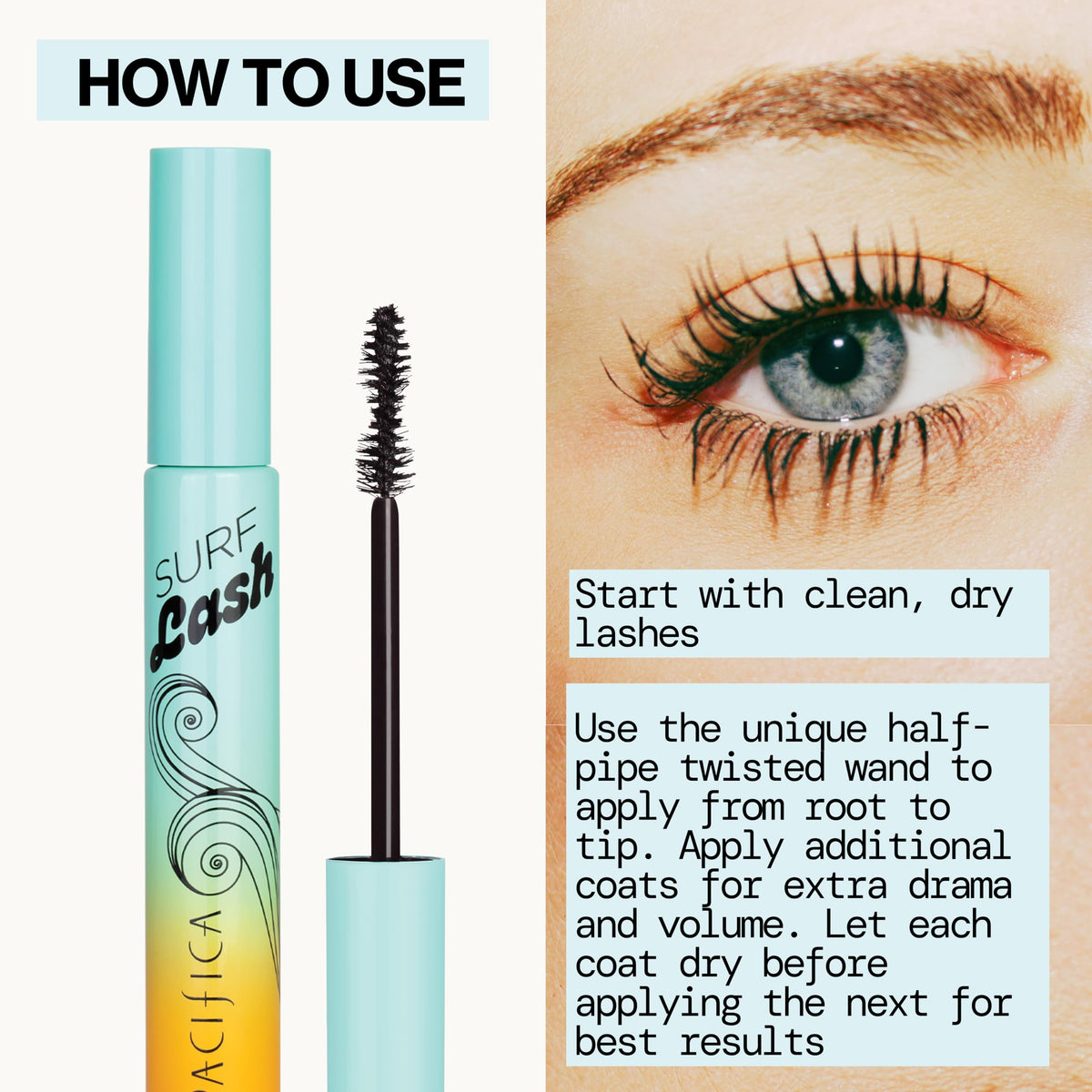 Pacifica Surf Lash before and after comparison showing visible length benefit