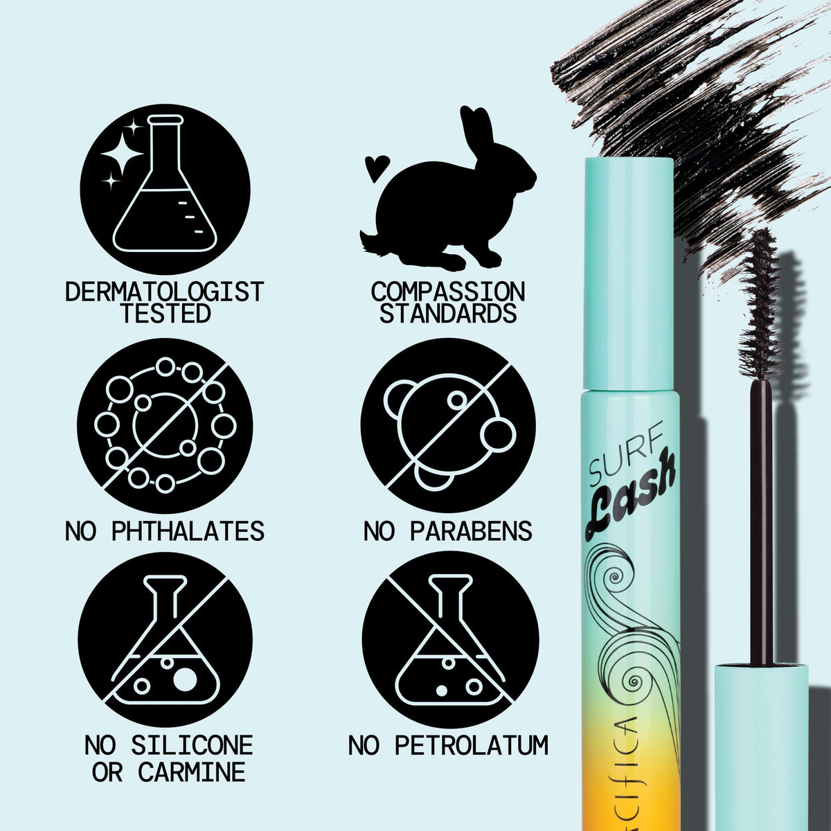Pacifica Surf Lash half-pipe wand detail demonstrating lift and curl benefit