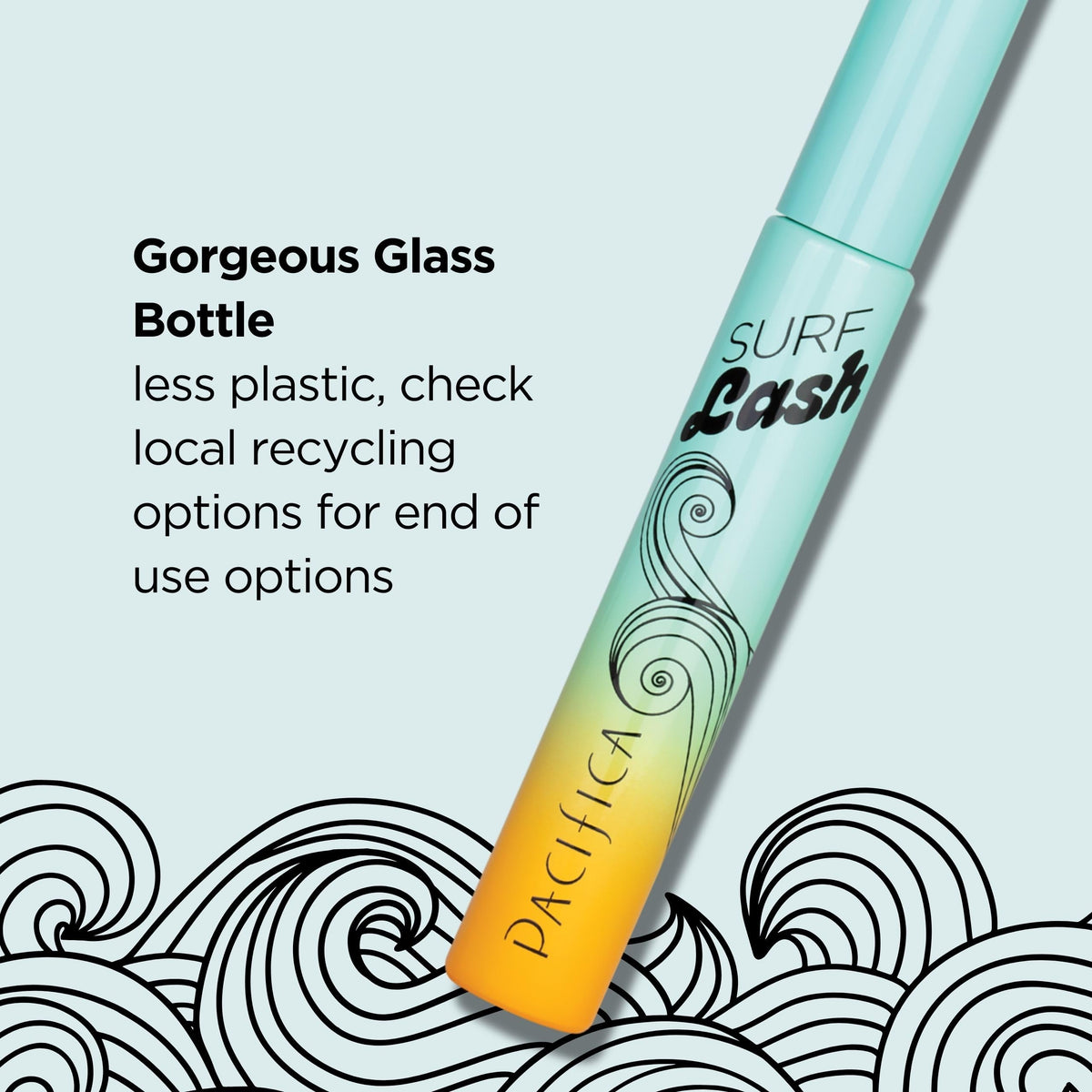Pacifica Surf Lash scale next to coin showing compact travel-friendly benefit