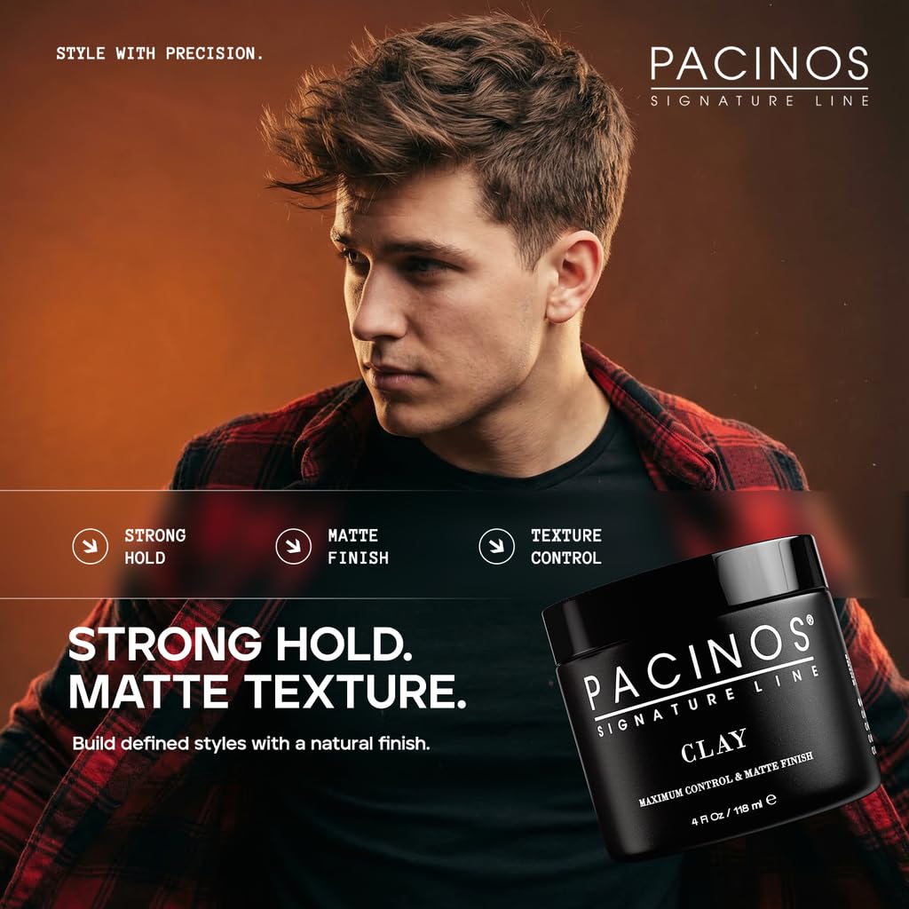 Side profile styled hair using Pacinos clay for textured matte finish