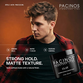 Side profile styled hair using Pacinos clay for textured matte finish