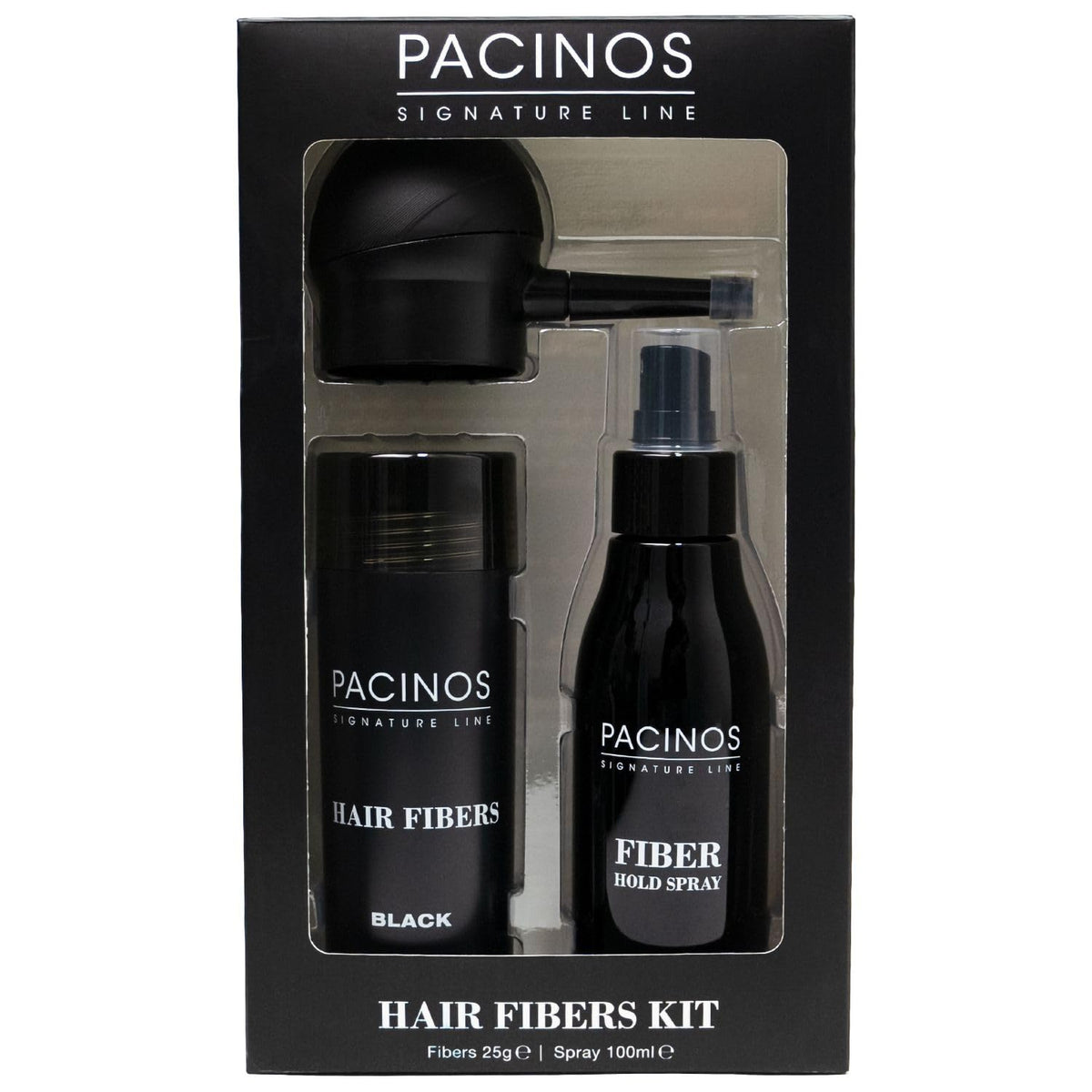 Pacinos Fiber Hold Spray bottle close-up for secure all-day hold