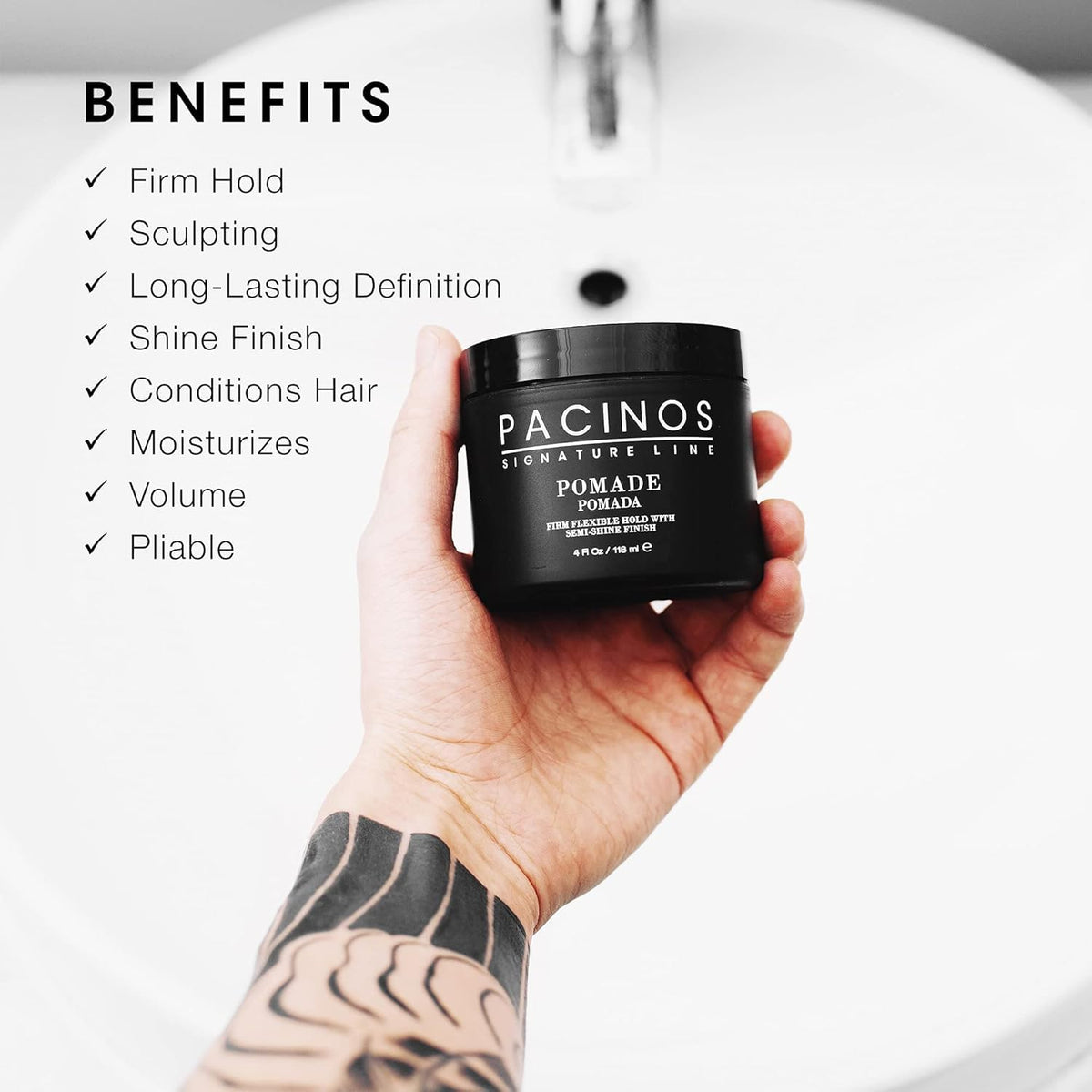Pacinos pomade on fingers ready to apply with easy-to-distribute benefit