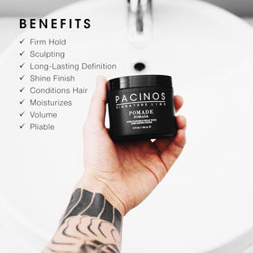 Pacinos pomade on fingers ready to apply with easy-to-distribute benefit