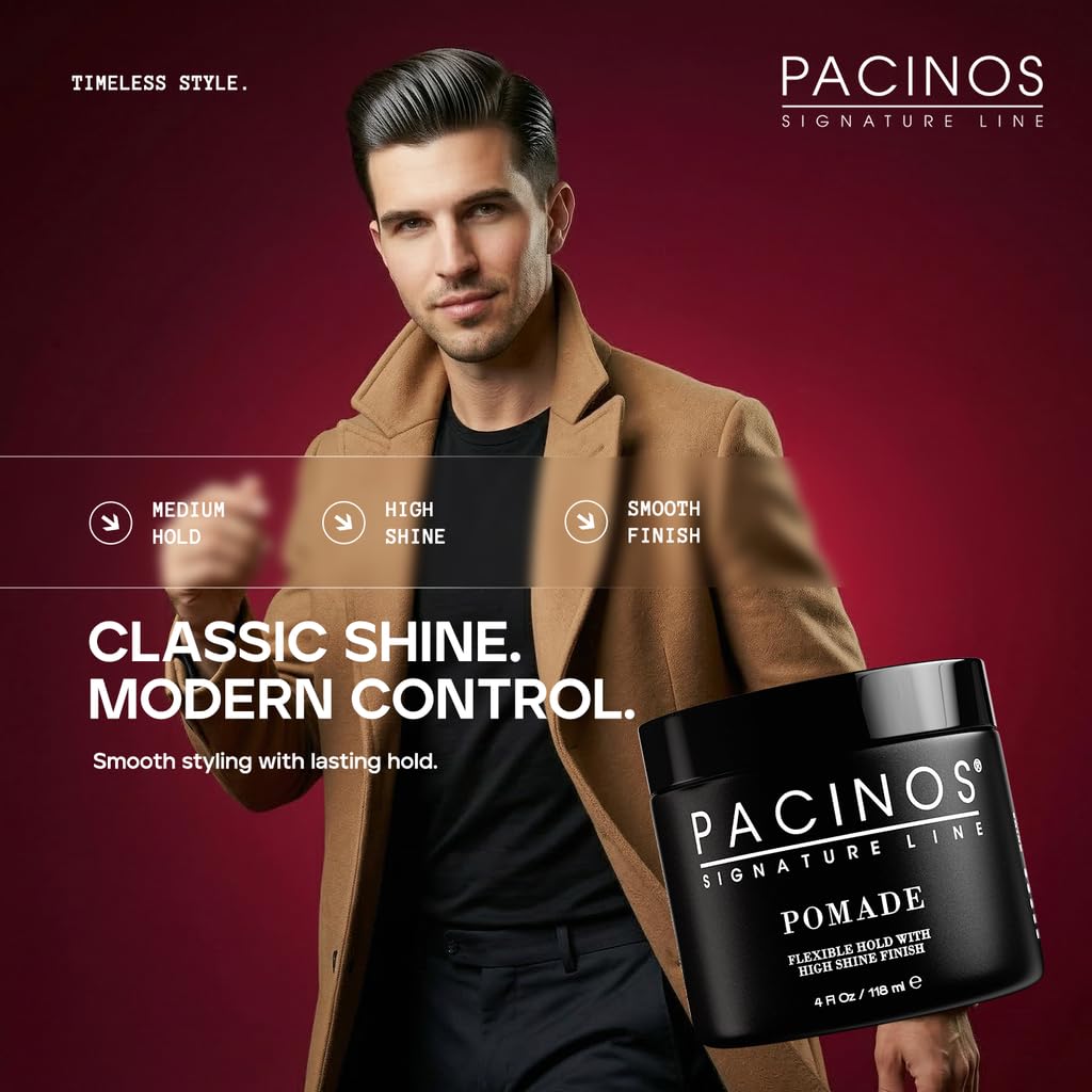 Pacinos pomade styled dry hair slick back demonstrating controlled high-shine benefit