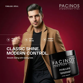 Pacinos pomade styled dry hair slick back demonstrating controlled high-shine benefit