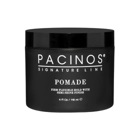 Pacinos pomade front tub showing clean packaging and benefit of clear hold