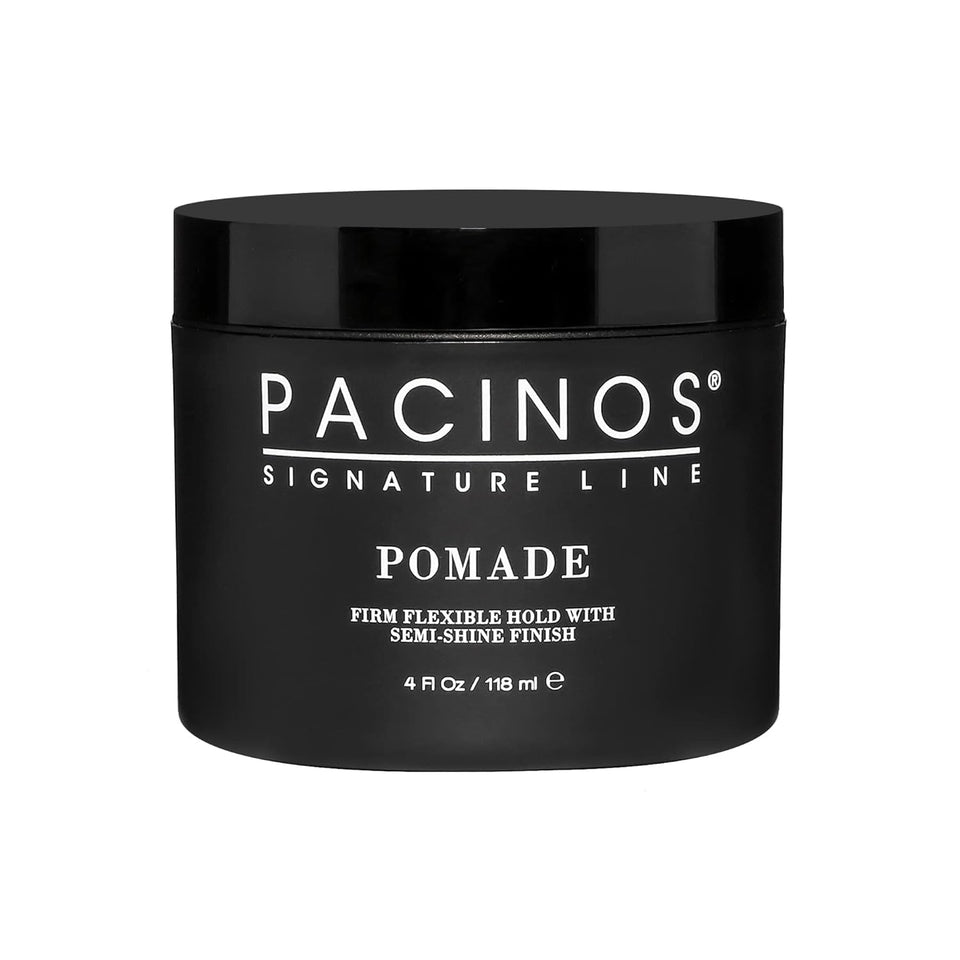 Pacinos pomade front tub showing clean packaging and benefit of clear hold