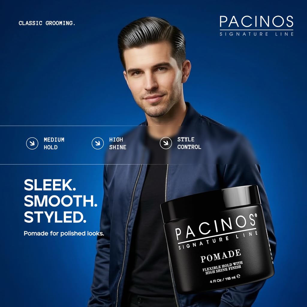 Pacinos pomade label detail with ingredients visible to show salon-quality benefit