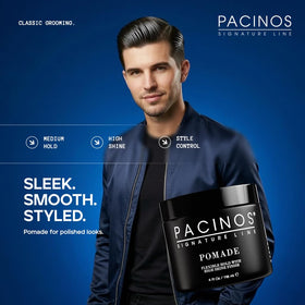 Pacinos pomade label detail with ingredients visible to show salon-quality benefit