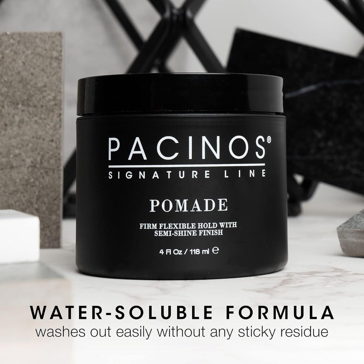 Pacinos pomade in lifestyle dressed look illustrating polished finish benefit