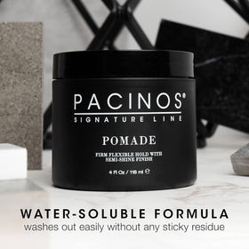Pacinos pomade in lifestyle dressed look illustrating polished finish benefit