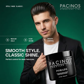 Pacinos pomade open texture closeup revealing smooth, spreadable formula benefit