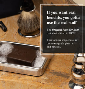 Packer's Pine close-up of soap texture highlighting pine tar swirls and thorough cleansing benefit