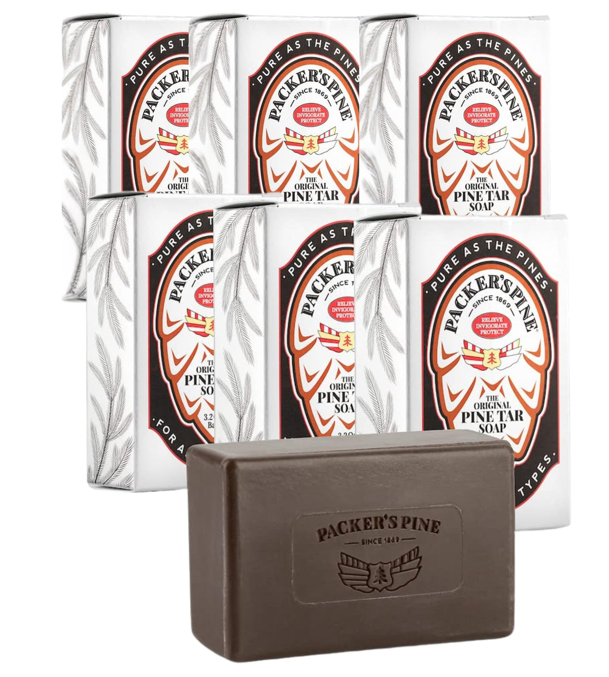Packer's Pine front packaging showing six bars and natural ingredients benefit