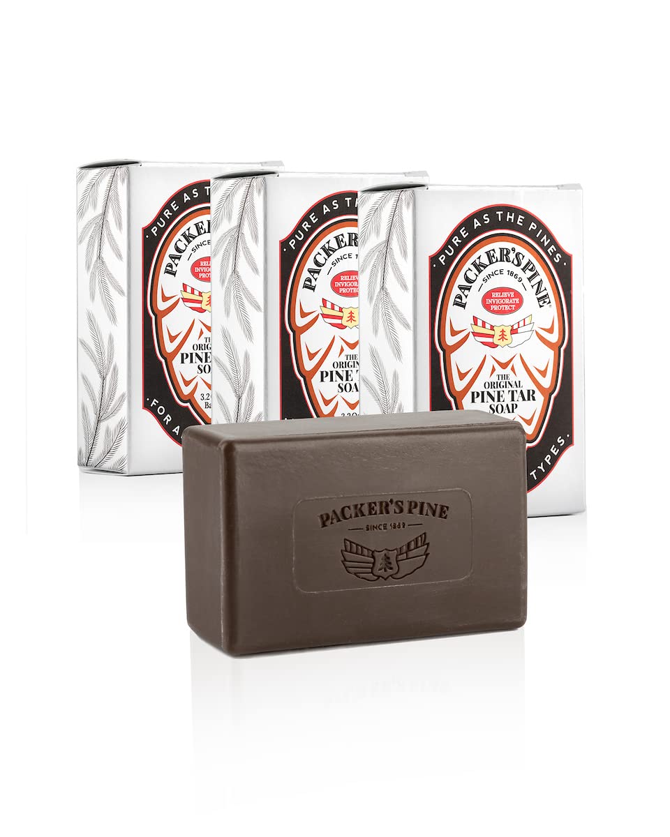 Packer's Pine front packaging showing three soap bars and woodsy branding benefit: authentic pine tar