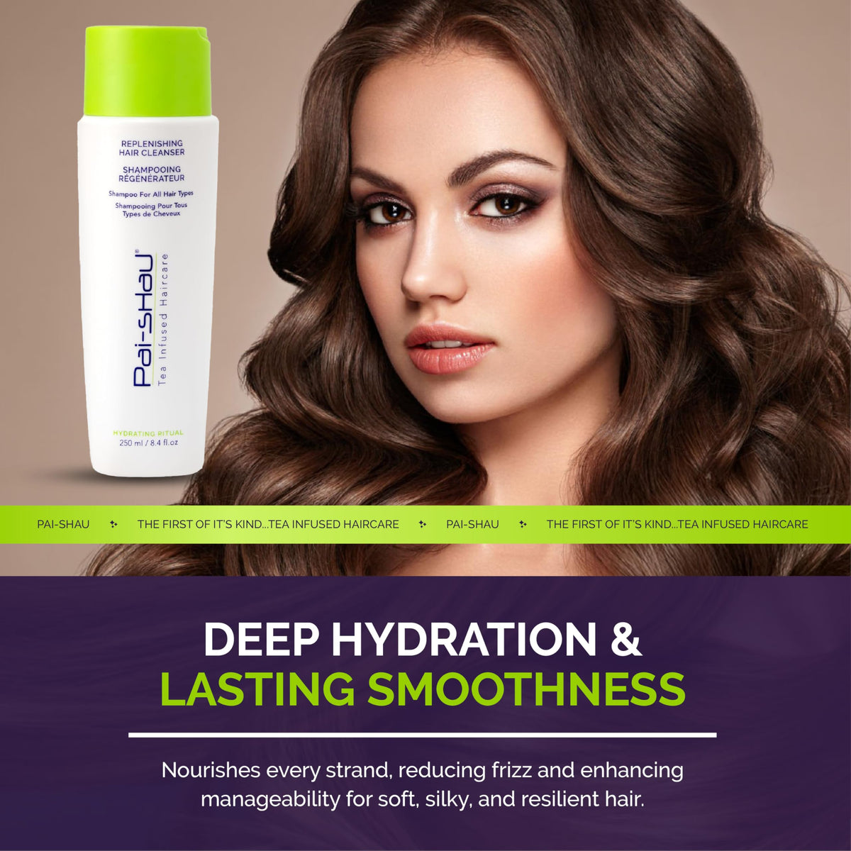 Pai-Shau shampoo and conditioner in shower demonstrating in-use softness