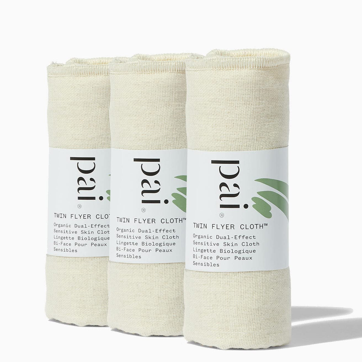 PAI SKINCARE front packaging showing three Twin Flyer cloths and benefits