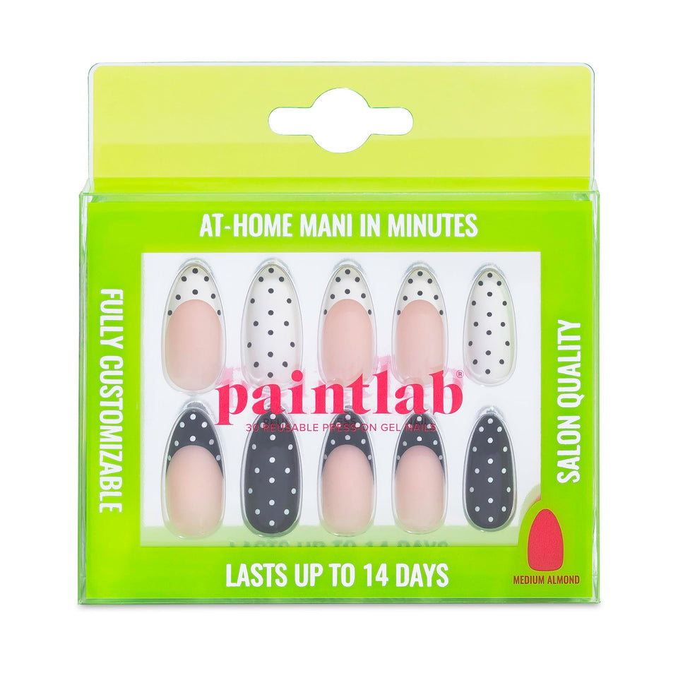 PaintLab front packaging showing polka dot almond nails and kit benefits