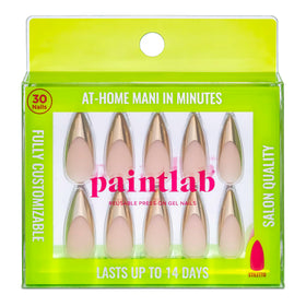 PaintLab front packaging showing gold chrome press on nails and kit benefits