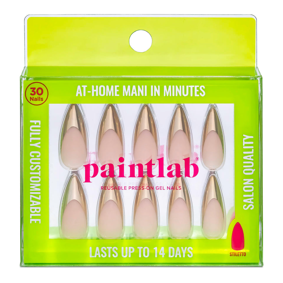 PaintLab front packaging showing gold chrome press on nails and kit benefits